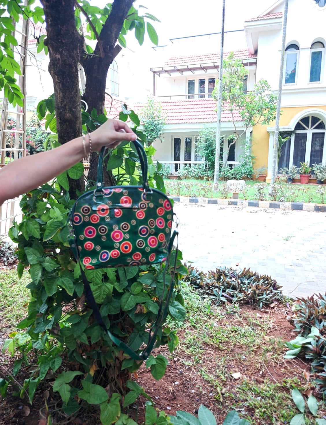 Green Polka Dot Motif Leather Sling Bag — Small