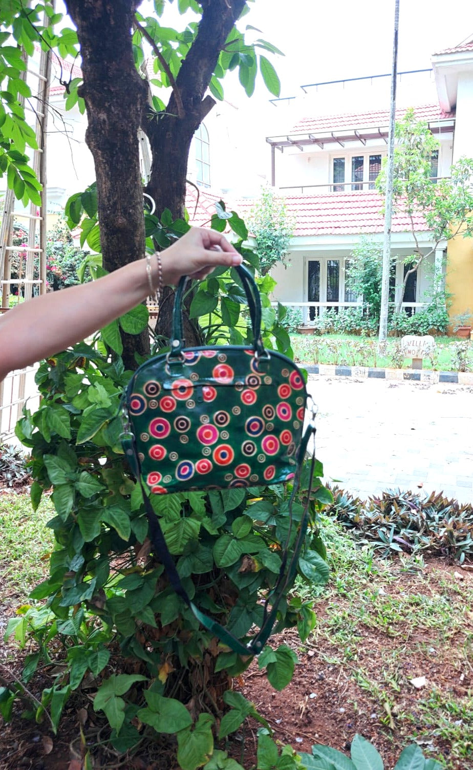 Green Polka Dot Motif Leather Sling Bag — Small