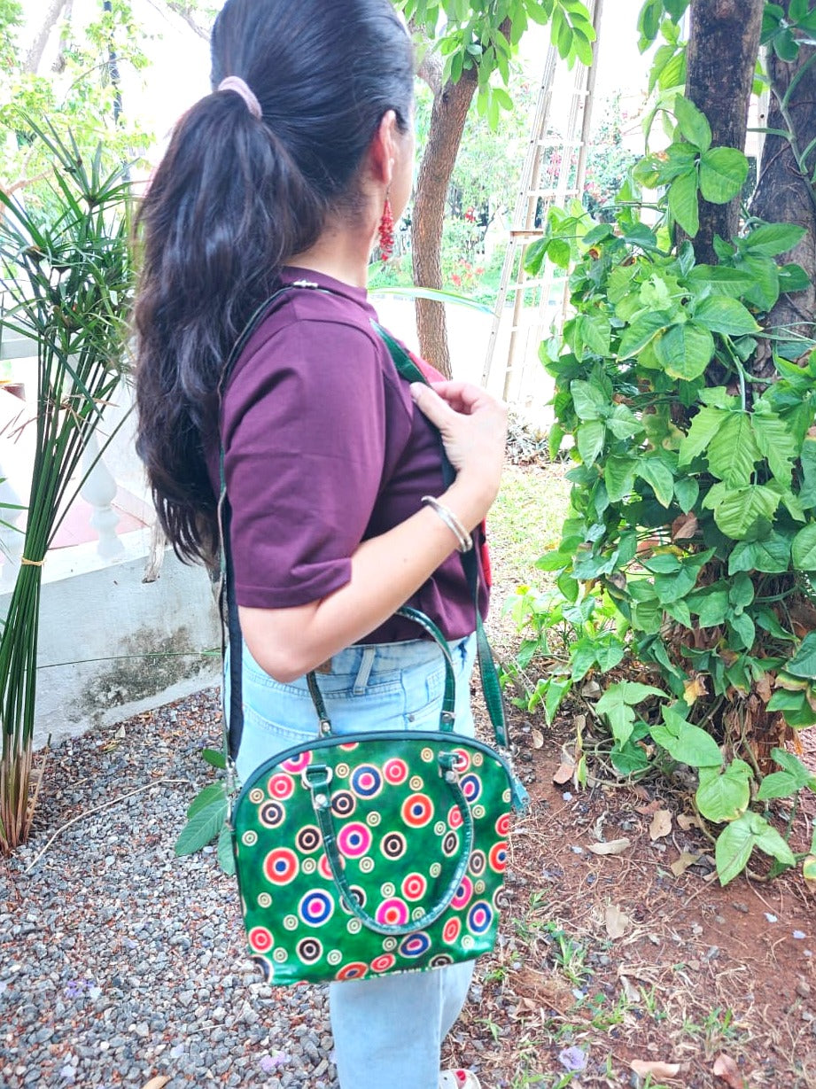 Green Polka Dot Motif Leather Sling Bag — Small
