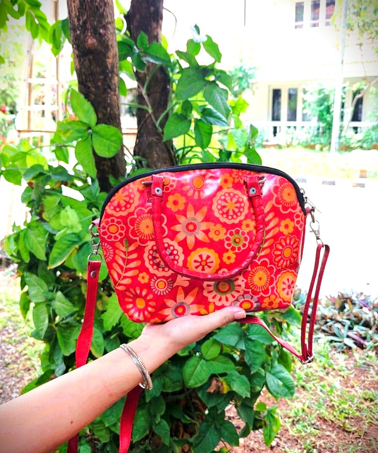 Red Floral Motif Leather Sling Bag — Small