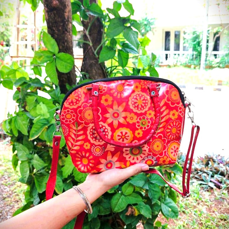 Red Floral Motif Leather Sling Bag — Small