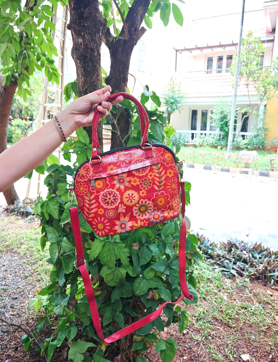 Red Floral Motif Leather Sling Bag — Small