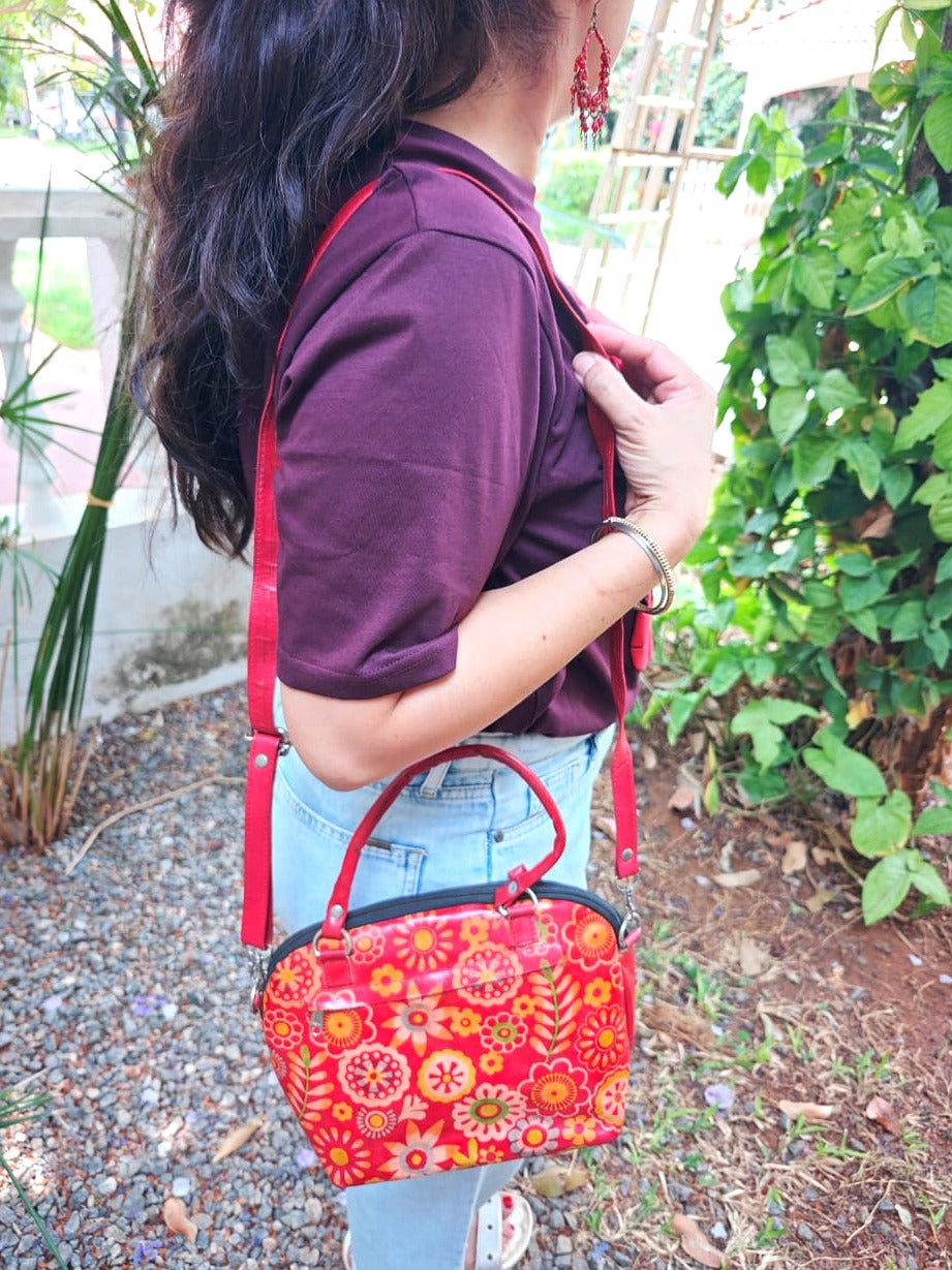 Red Floral Motif Leather Sling Bag — Small