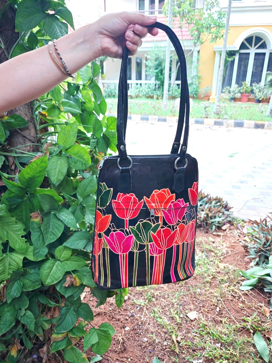 Black Tulip Motif Leather Shoulder Bag — Medium