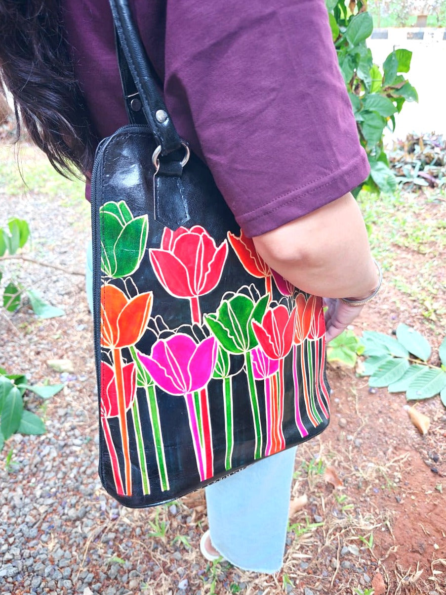 Black Tulip Motif Leather Shoulder Bag — Medium