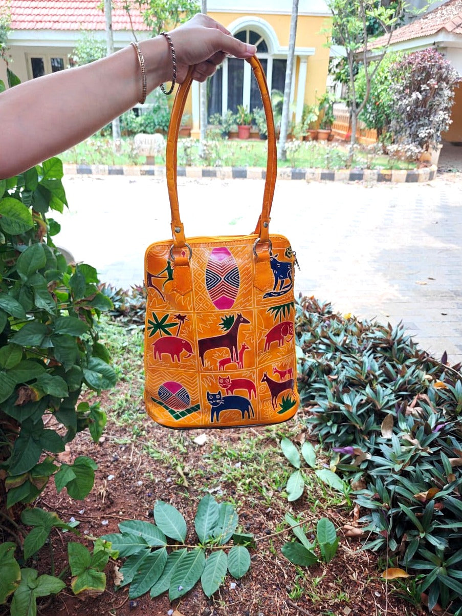 Yellow Animal Motif Leather Shoulder Bag — Medium