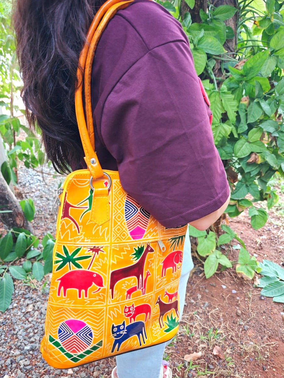 Yellow Animal Motif Leather Shoulder Bag — Medium