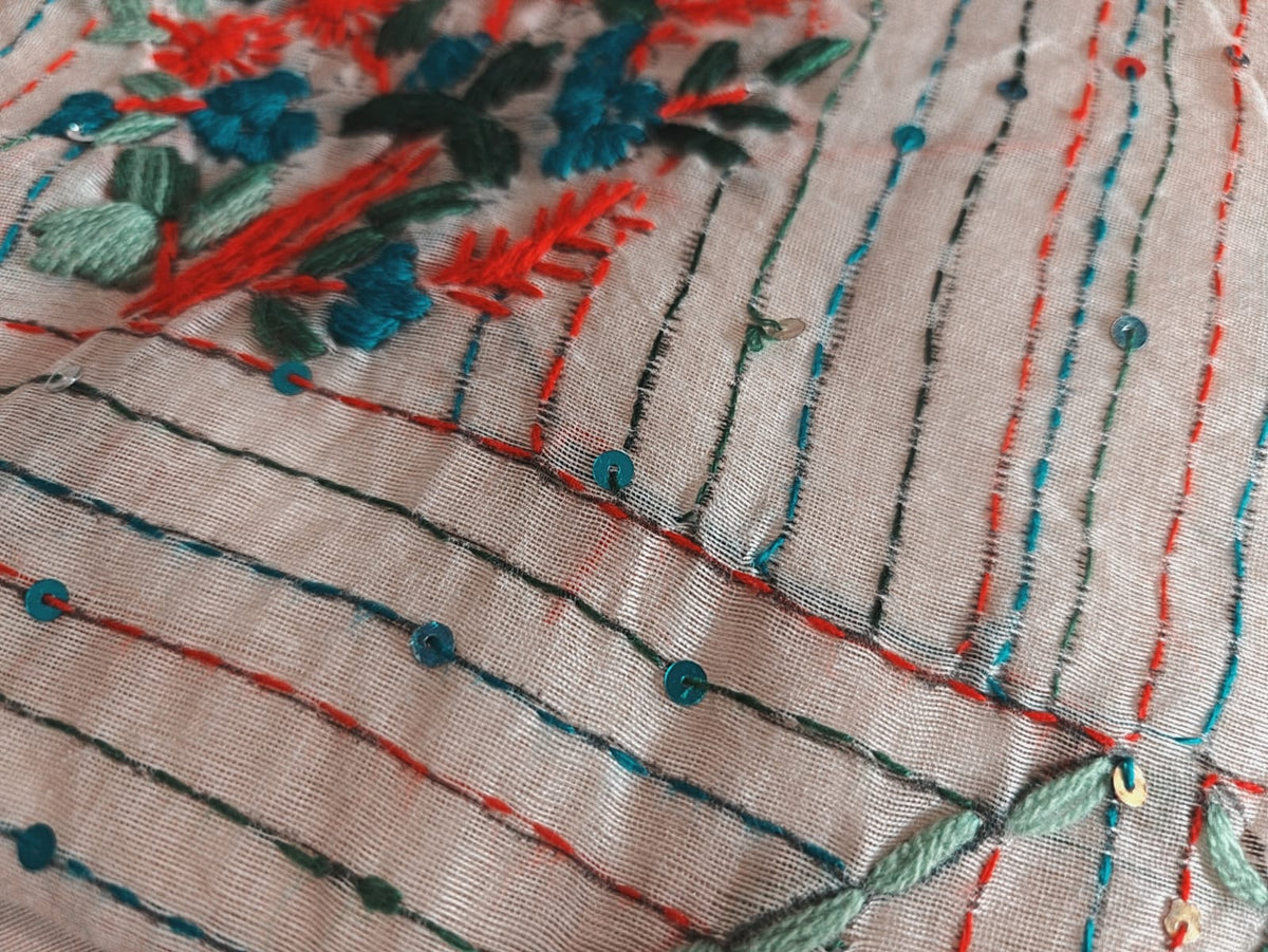 Cream Chanderi Cotton Saree with Bullion Knot and Sequin Work