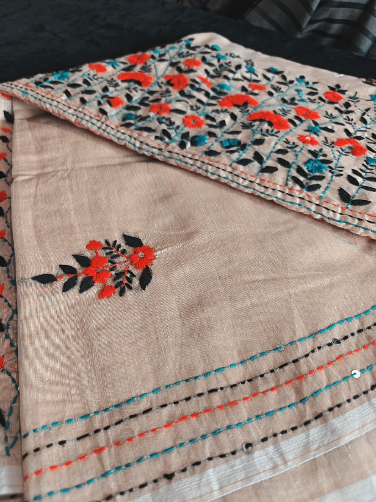Beige Chanderi Cotton Saree with Bullion Knot and Sequin Work