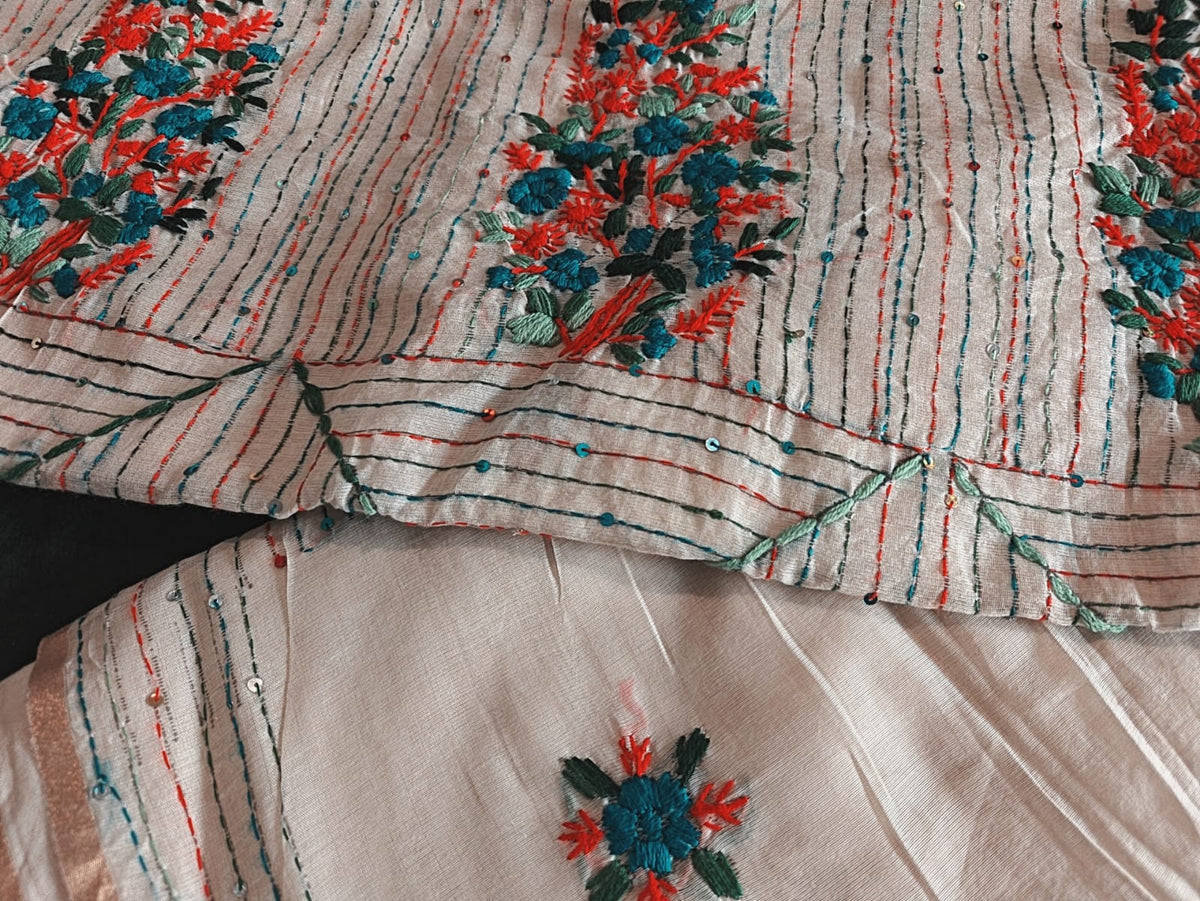 Cream Chanderi Cotton Saree with Bullion Knot and Sequin Work