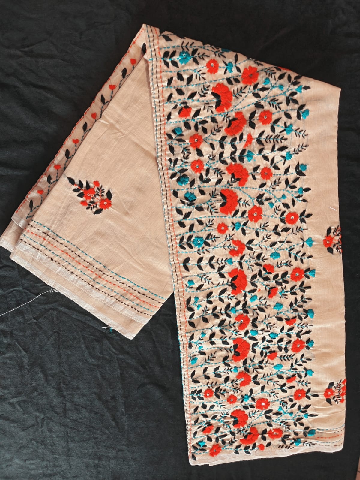 Beige Chanderi Cotton Saree with Bullion Knot and Sequin Work