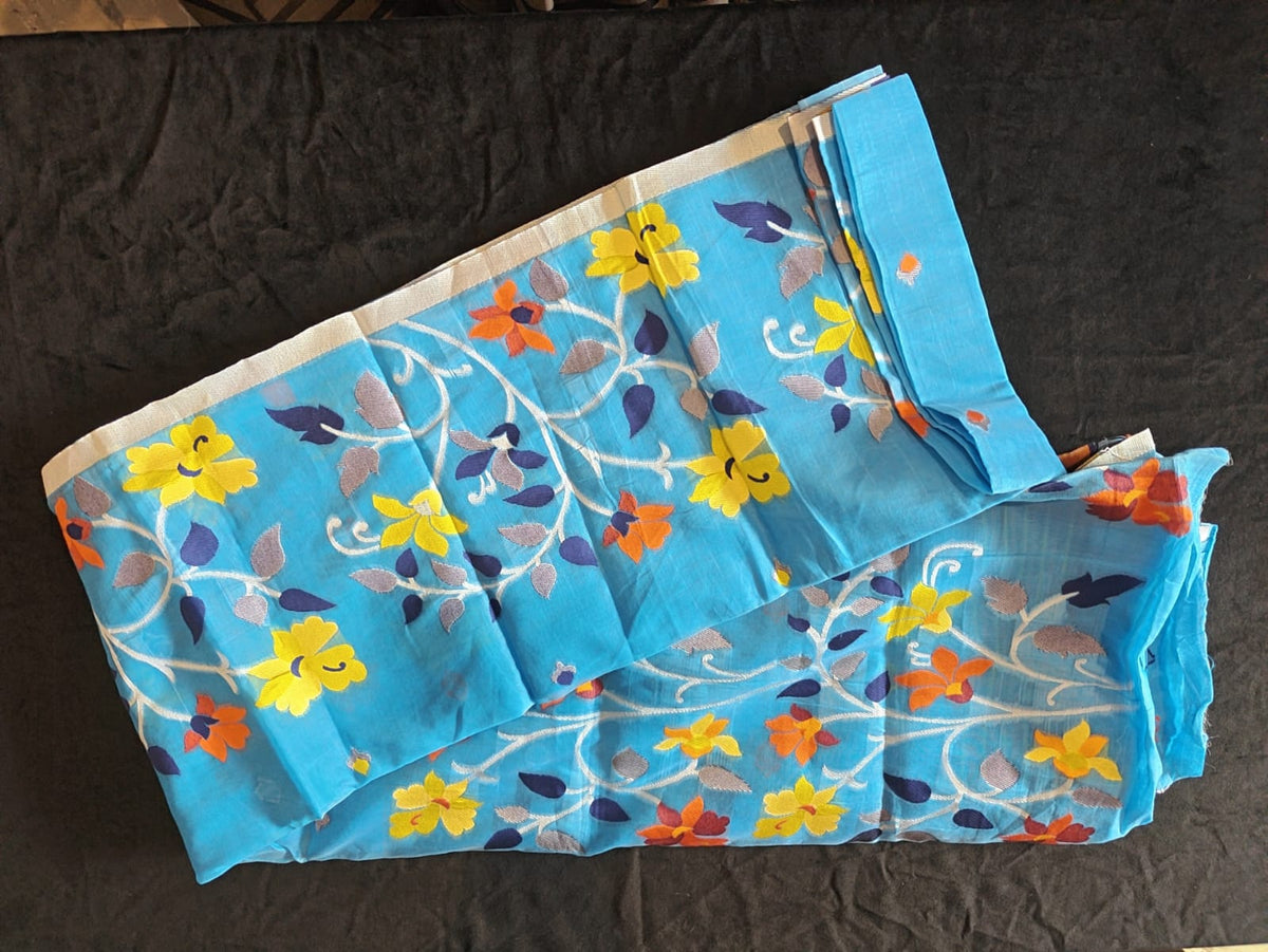 Blue Bonolota Jamdani Cotton Saree