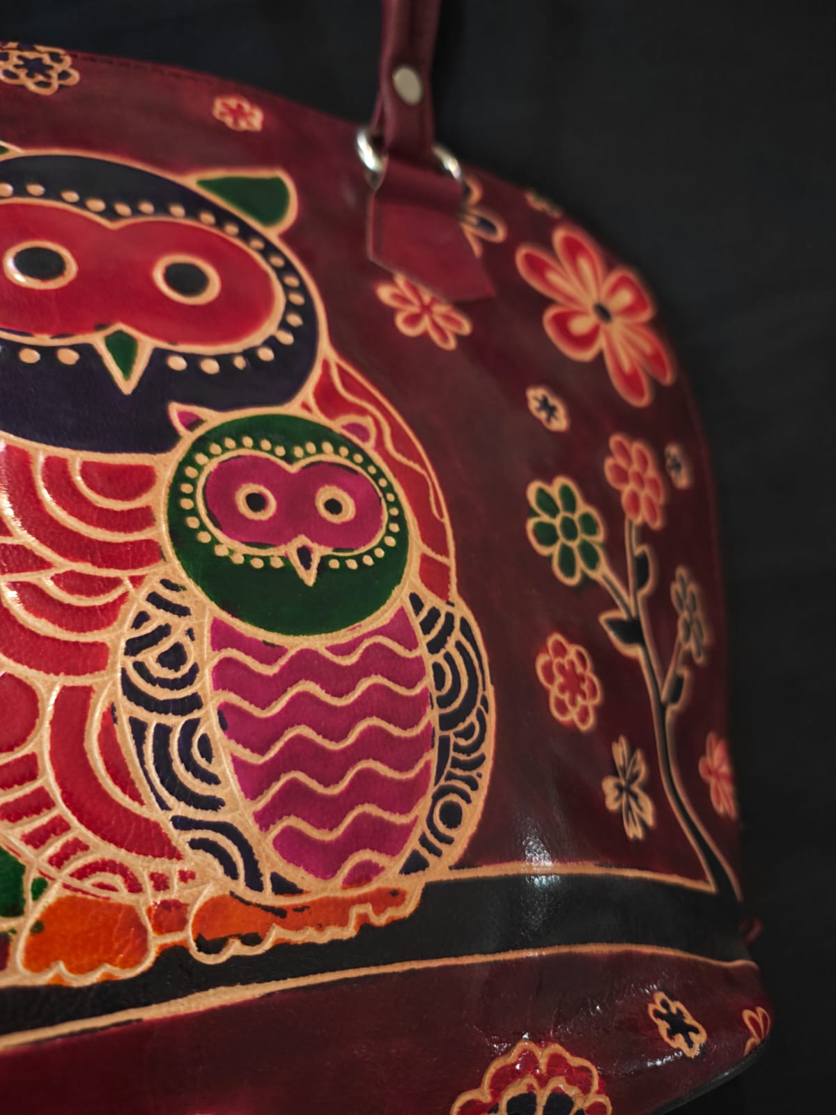 Maroon Owl Motif Leather Shoulder Bag — Small