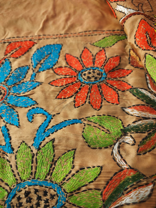 Beige Kantha Bishnupur Silk Saree