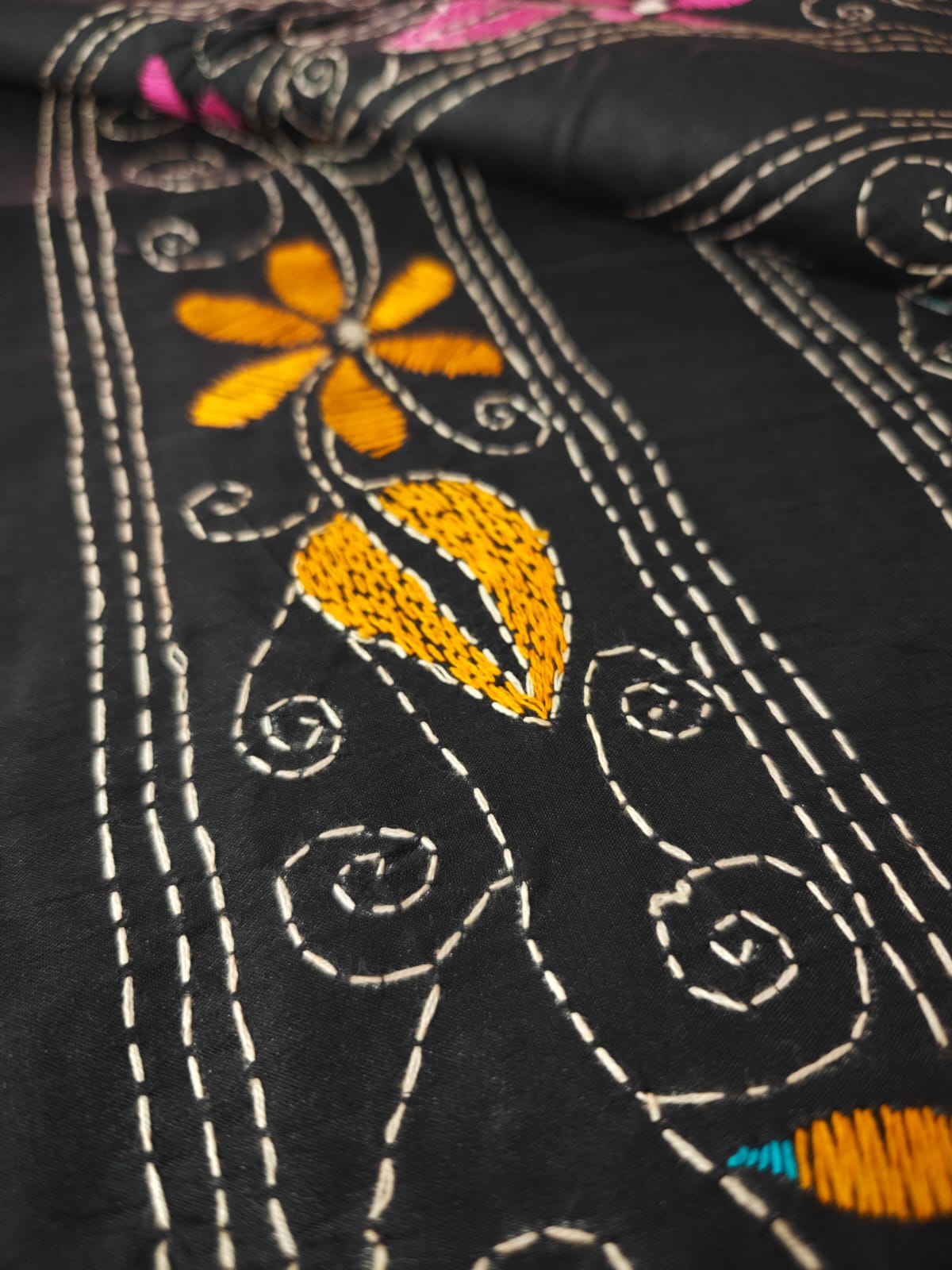 Black Kantha Murshidabad Silk Saree