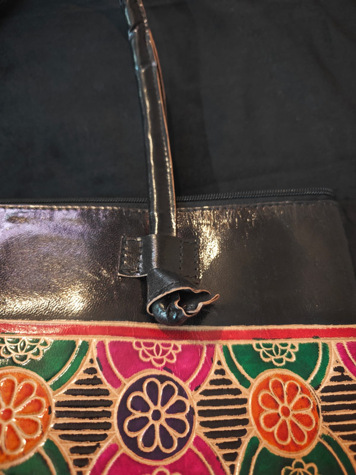 Black Owl Motif Leather Shoulder Bag — Large