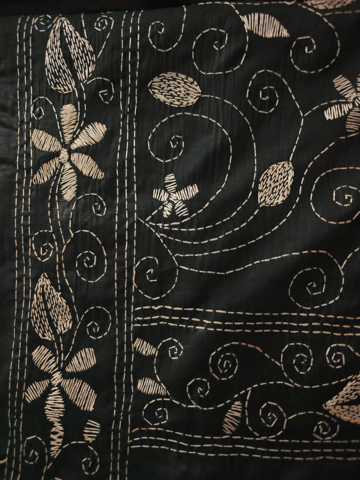 Bottle Green Kantha Murshidabad Silk Saree