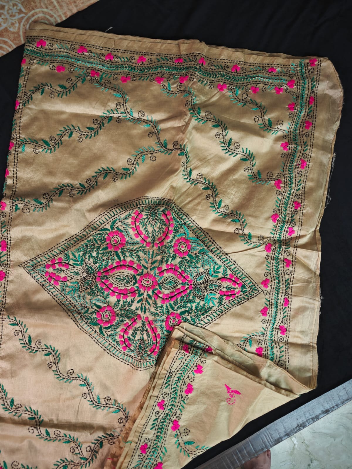 Beige Block Print Kantha Chanderi Cotton Saree