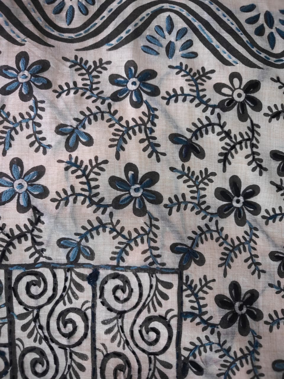 Black and White Block Print Kantha Chanderi Cotton Saree