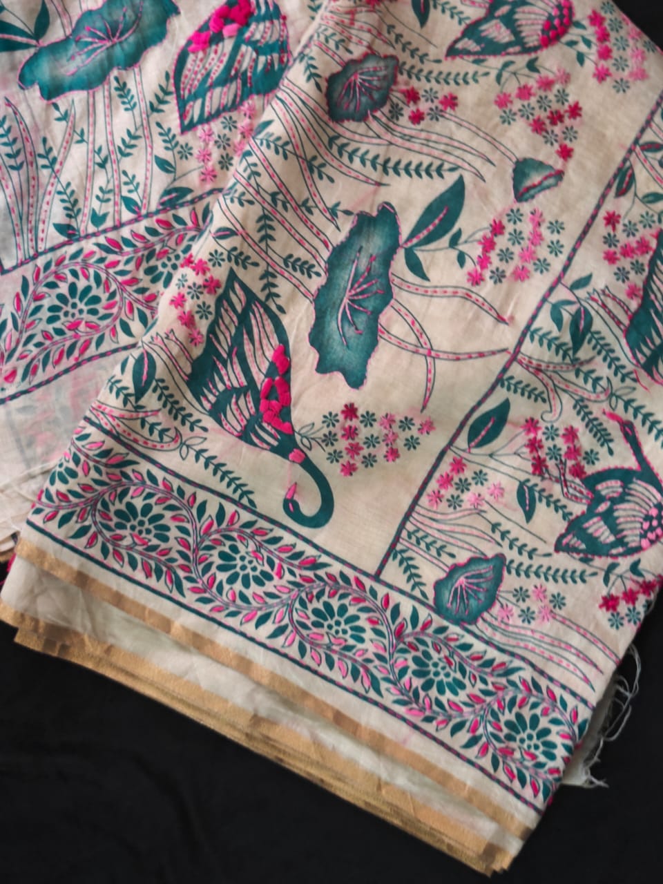 Green and pink hand block print on white Chanderi