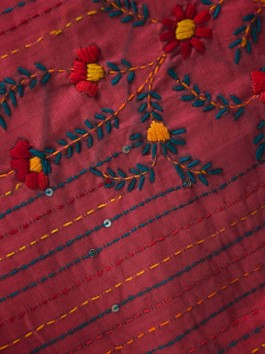 Bullion-knot embroidery on pink Chanderi