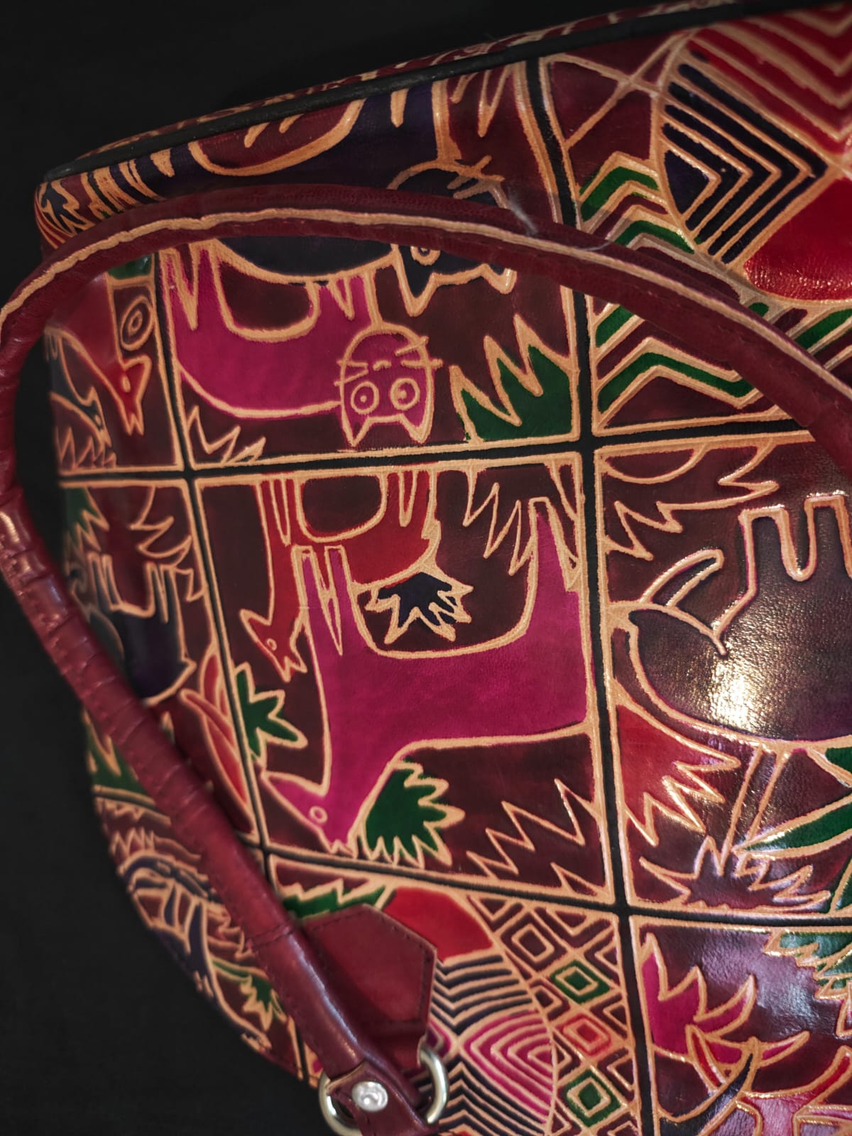 Maroon Animal Motif Leather Shoulder Bag — Small