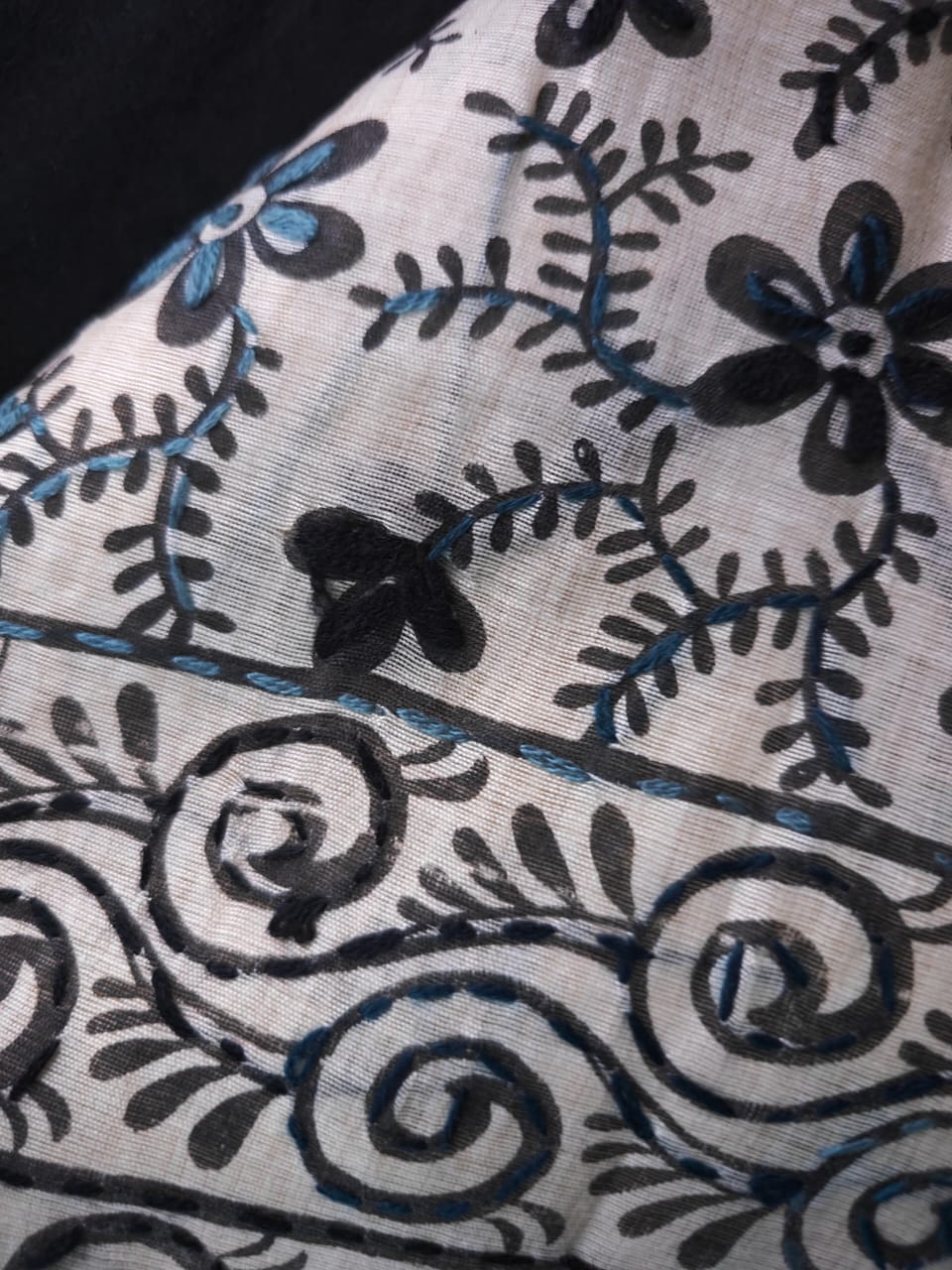Black and White Block Print Kantha Chanderi Cotton Saree