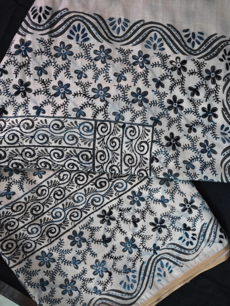 Black and White Block Print Kantha Chanderi Cotton Saree