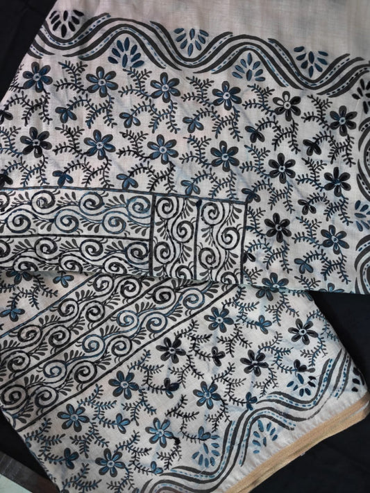 Black and White Block Print Kantha Chanderi Cotton Saree
