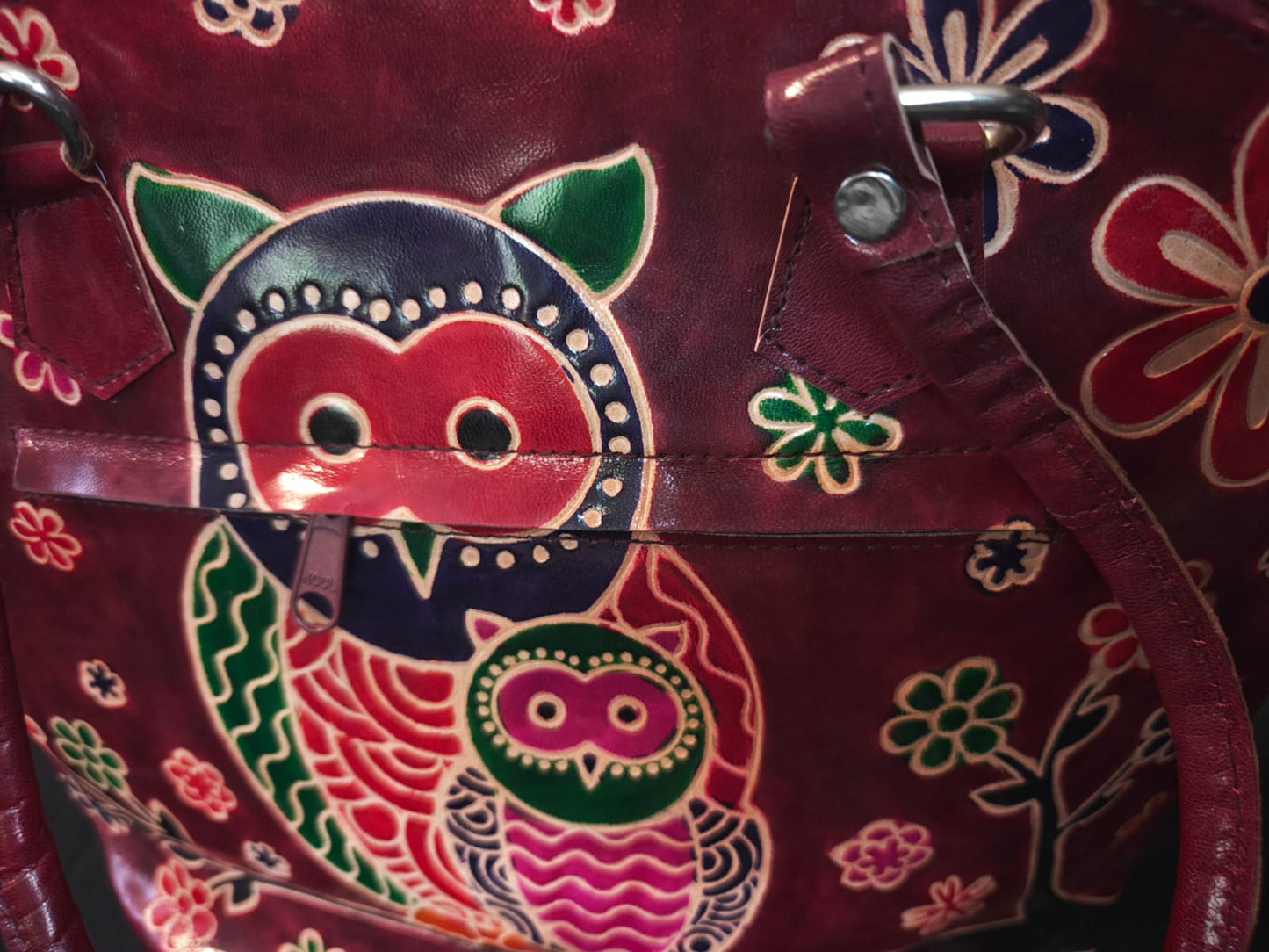 Maroon Owl Motif Leather Shoulder Bag — Small