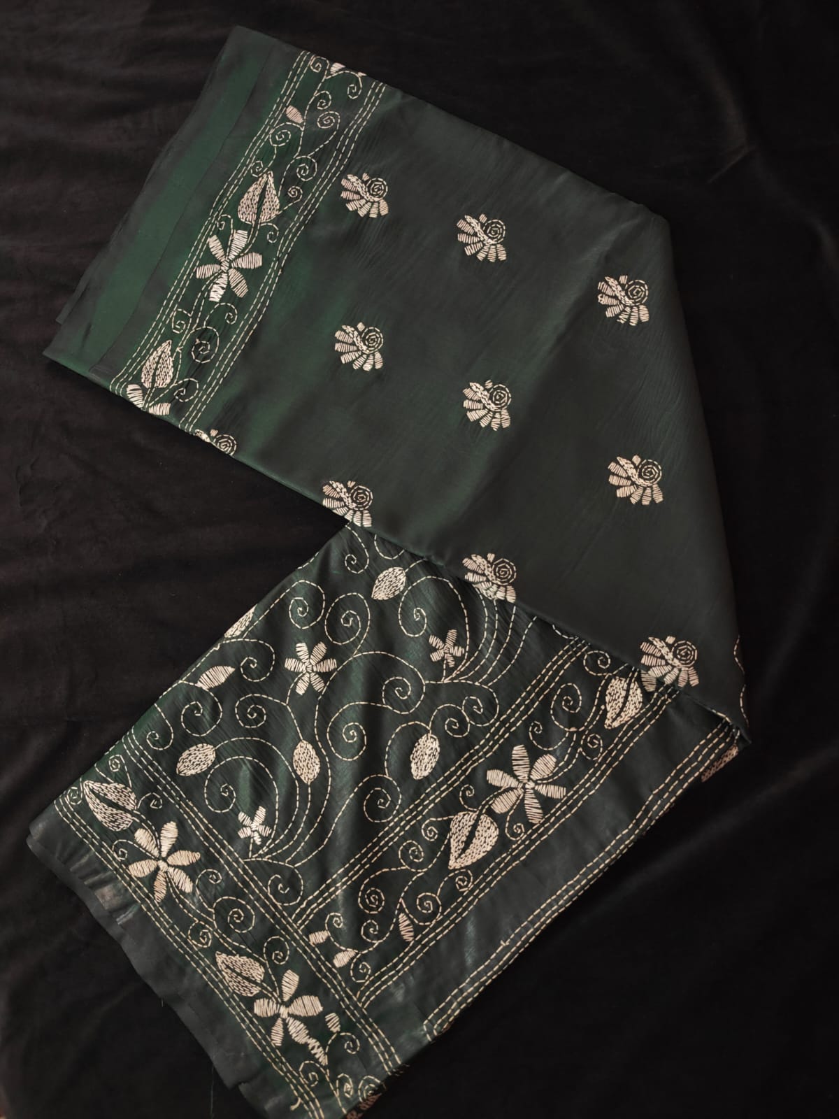 Bottle Green Kantha Murshidabad Silk Saree