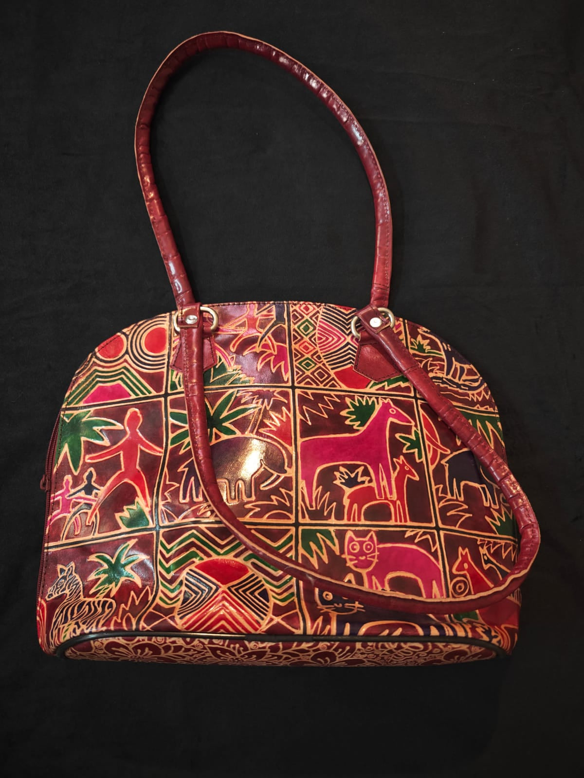 Maroon Animal Motif Leather Shoulder Bag — Small
