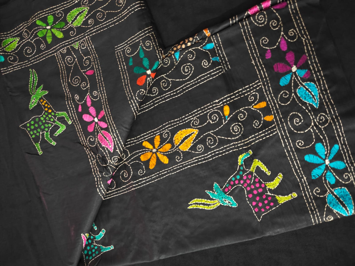 Black Kantha Murshidabad Silk Saree