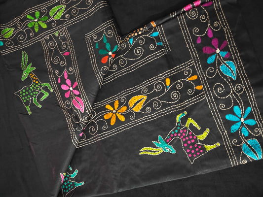 Black Kantha Murshidabad Silk Saree