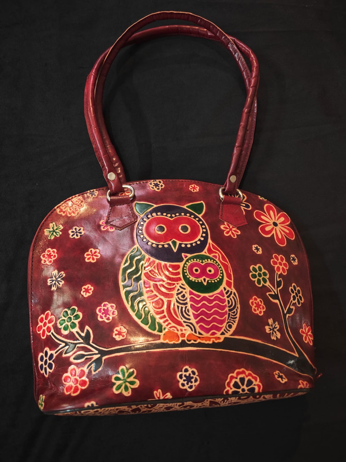 Maroon Owl Motif Leather Shoulder Bag — Small