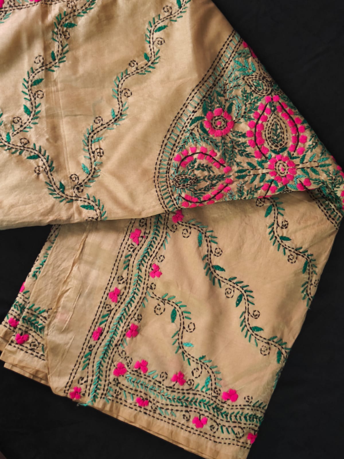 Beige Block Print Kantha Chanderi Cotton Saree