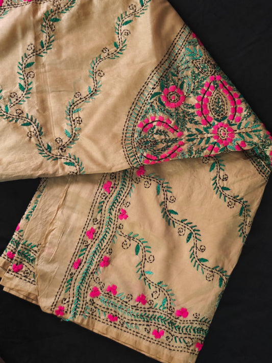 Beige Block Print Kantha Chanderi Cotton Saree