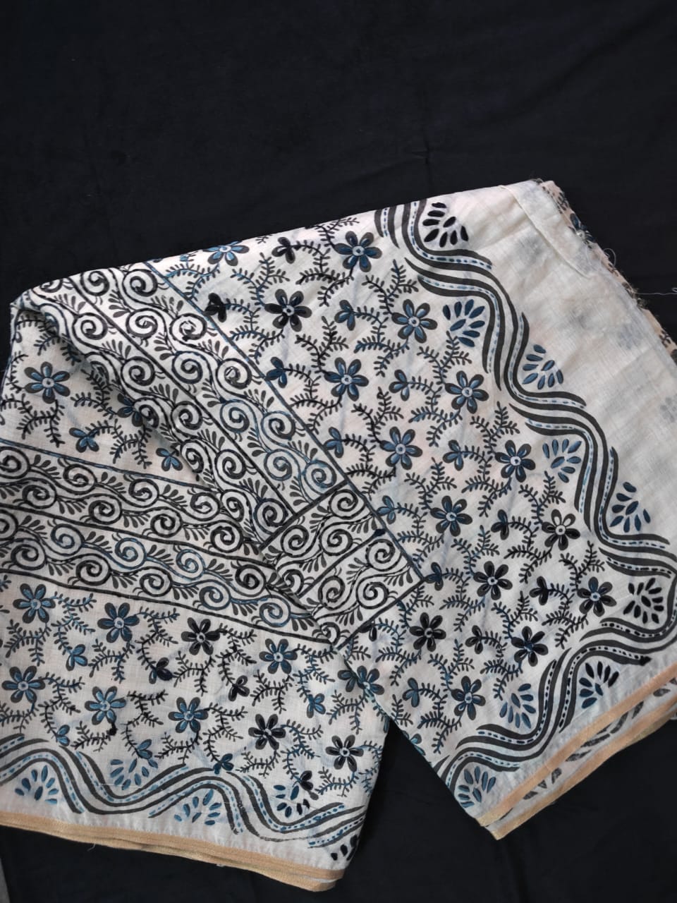 Black and White Block Print Kantha Chanderi Cotton Saree