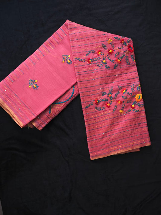 Pink Chanderi Cotton Saree with bullion and sequin work — flat lay