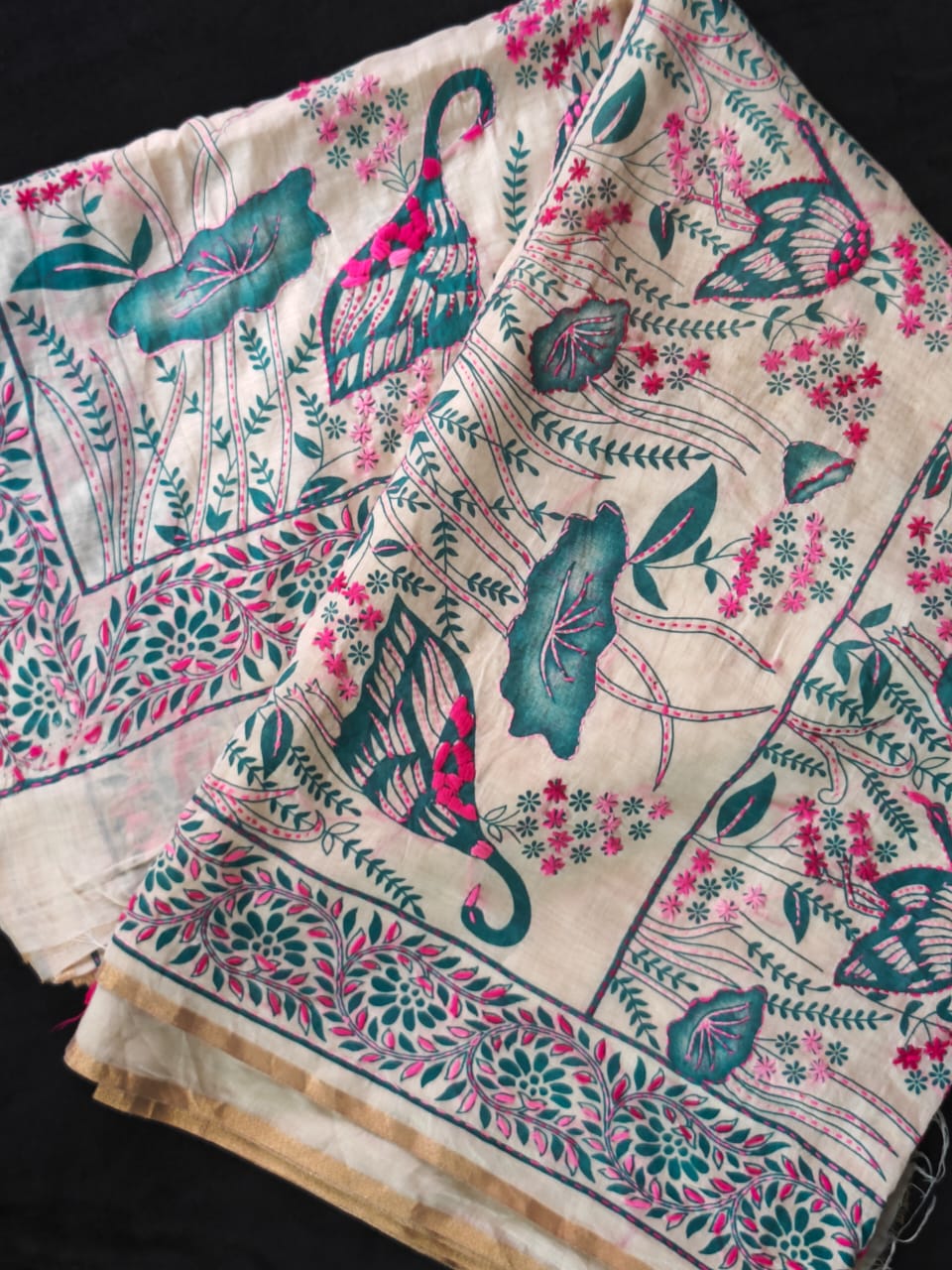White Chanderi Cotton Saree with green and pink work — flat lay