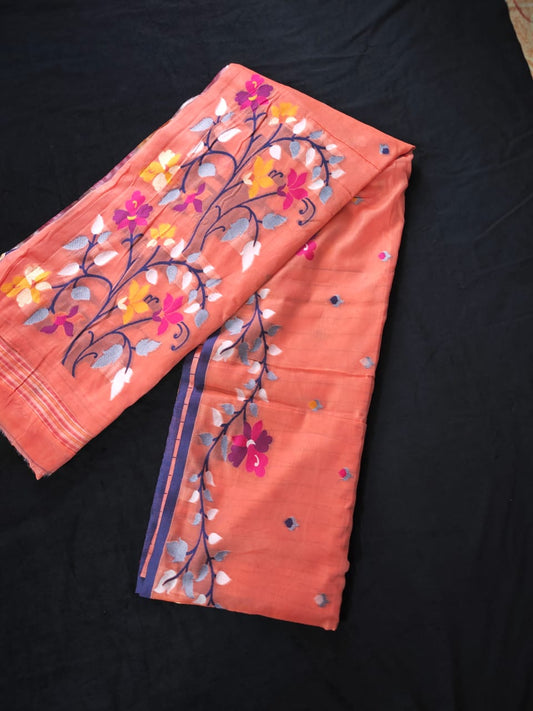 Peach Bonolota Jamdani Cotton Saree — flat lay