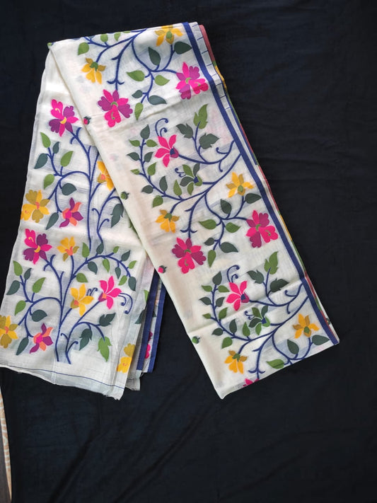White Bonolota Jamdani Cotton Saree — flat lay