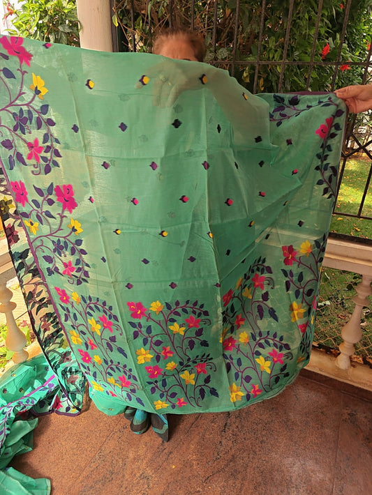 Green Bonolota Jamdani Cotton Saree