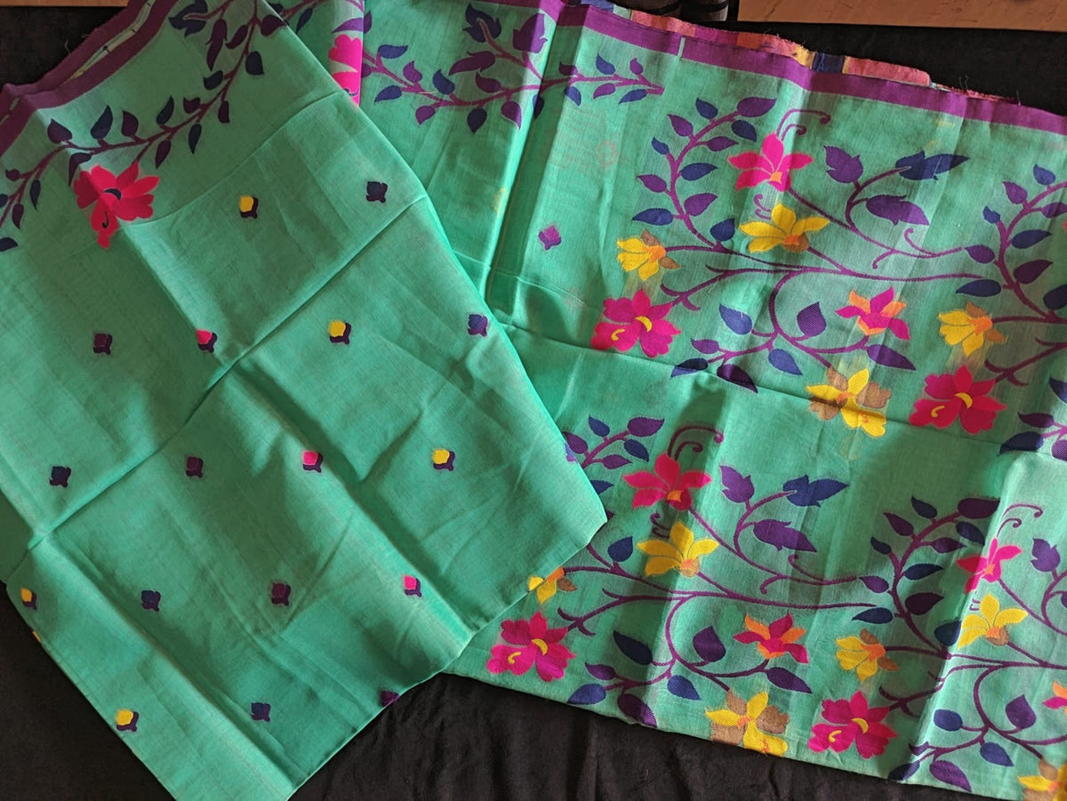 Green Bonolota Jamdani Cotton Saree