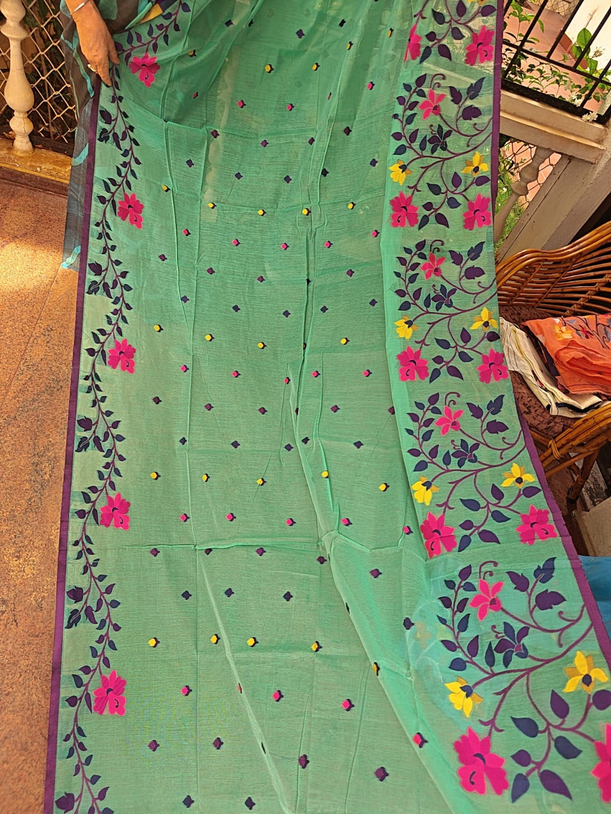Green Bonolota Jamdani Cotton Saree