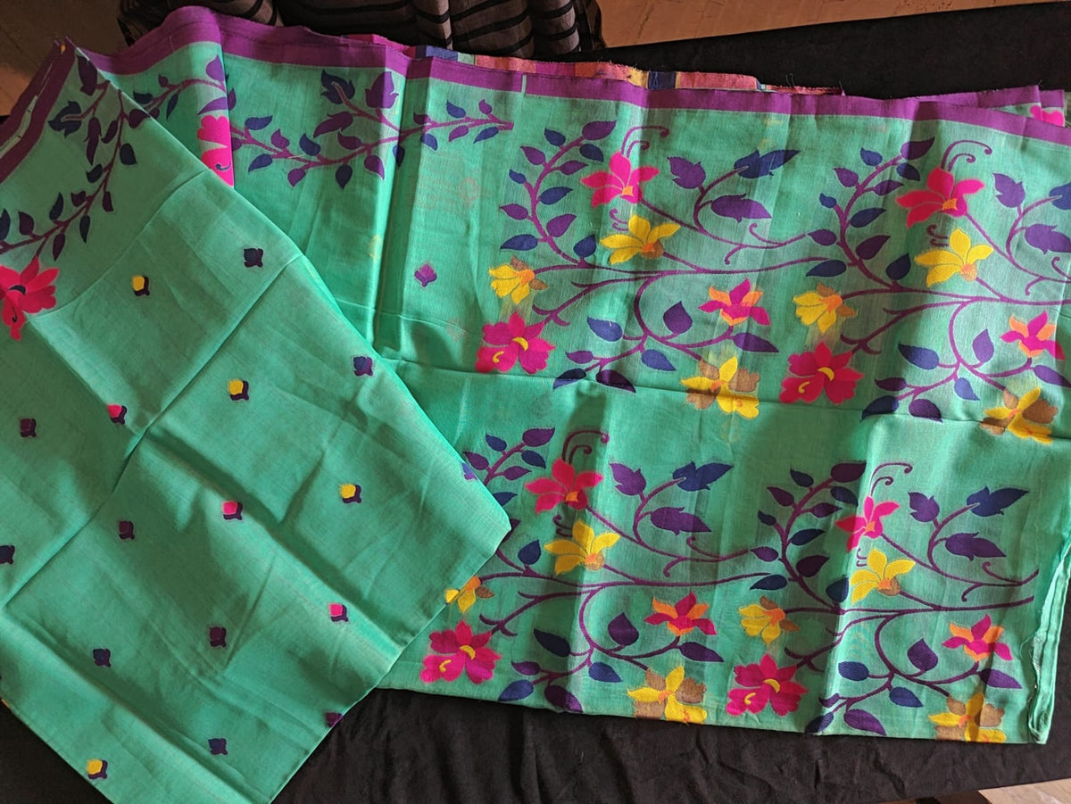 Green Bonolota Jamdani Cotton Saree