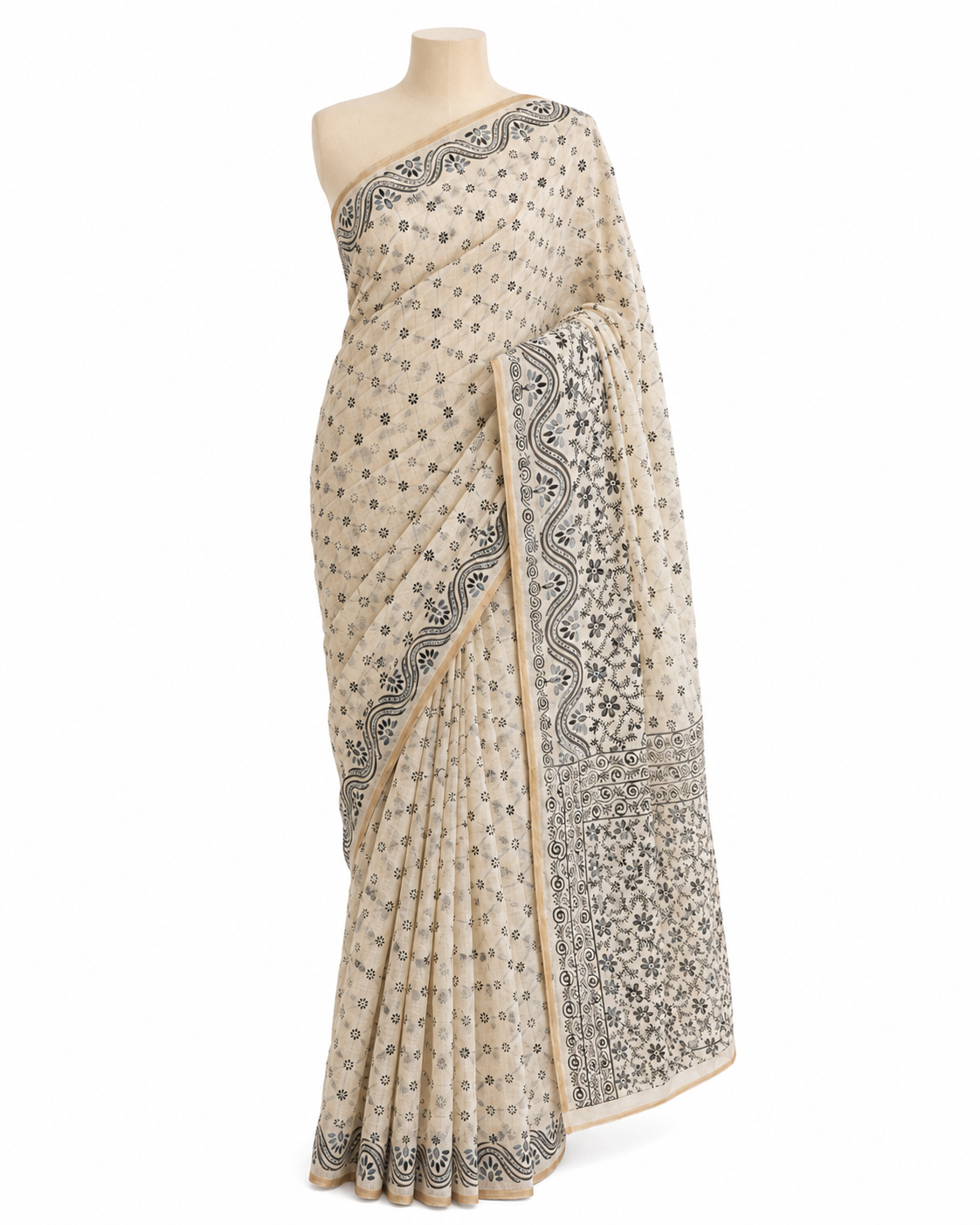 Black and White Block Print Kantha Chanderi Cotton Saree