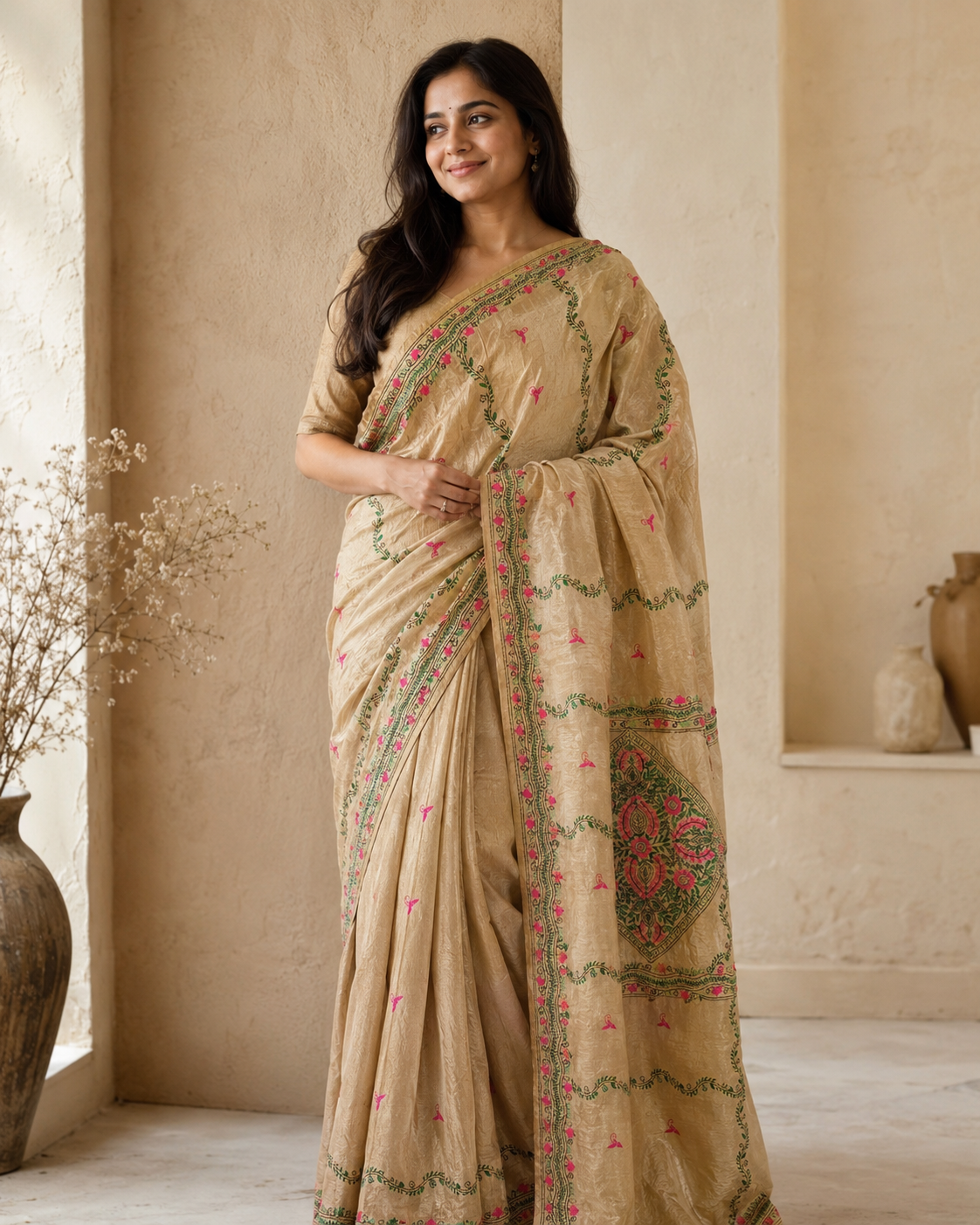 Beige Block Print Kantha Chanderi Cotton Saree
