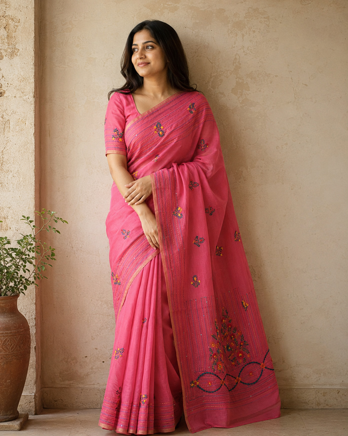 Pink Chanderi with bullion-and-sequin embroidery, styled