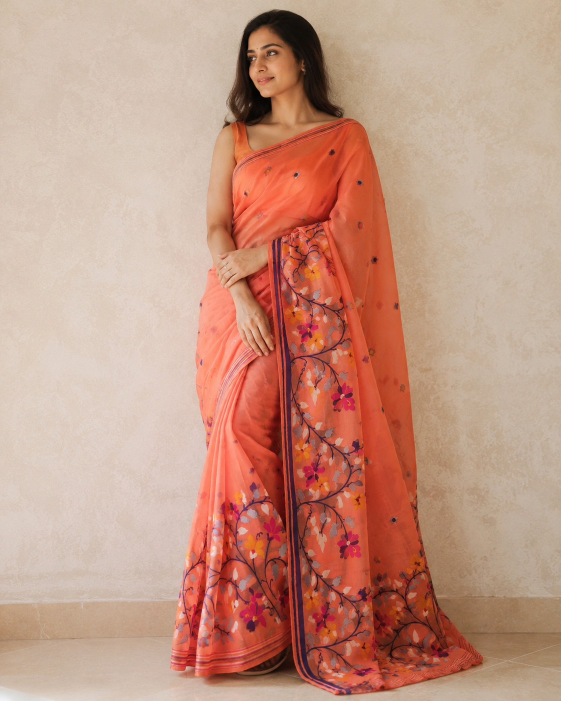 Peach Bonolota Jamdani saree styled